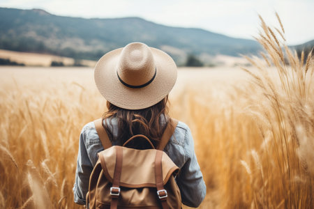 Back view of young woman in straw hat with backpack in wheat fieldの素材