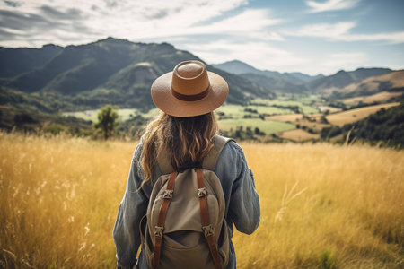 Young woman hiker with backpack and hat hiking in the mountains.の素材