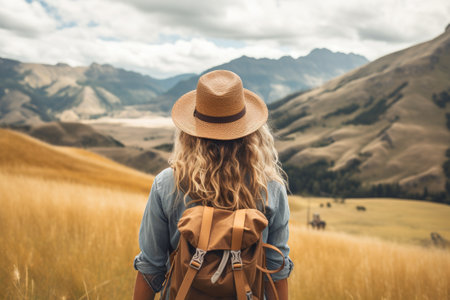 A girl with a backpack and a hat looks at the mountains.の素材