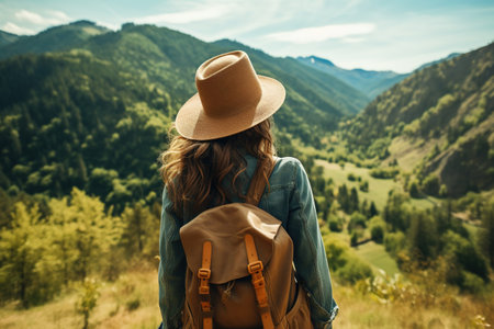 Young woman hiker with backpack hiking in mountains. Travel and adventure conceptの素材