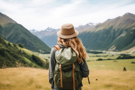 Young woman with backpack hiking in the mountains. Travel and adventure concept.の素材