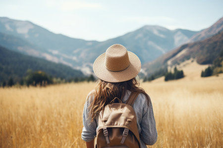 Young woman traveler with backpack and hat standing on top of the mountain and enjoying valley view.の素材