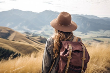 Back view of young woman traveler with backpack and hat looking at beautiful landscape at sunsetの素材