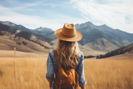 Young woman traveler with backpack and hat looking at mountains in summer.の素材