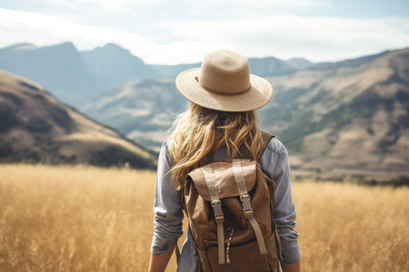 Young woman traveler with backpack and hat standing on the top of a mountain.の素材