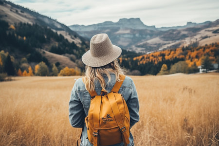 Woman traveler with a backpack on the background of the autumn mountains.の素材