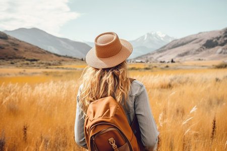 Back view of young woman in hat with backpack looking at mountains.の素材