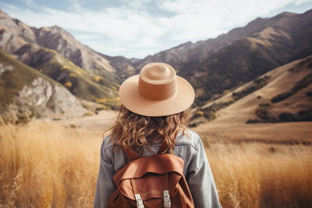 A young woman with a backpack is traveling in the mountains. A girl in a hat with a backpack travels in the mountains.の素材