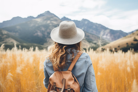 A girl in a hat with a backpack stands on the background of the mountains.の素材