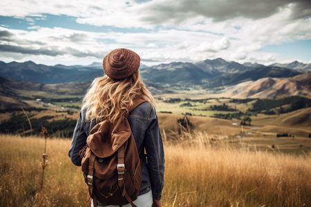 Beautiful young woman with backpack standing on the top of a mountain and enjoying the viewの素材