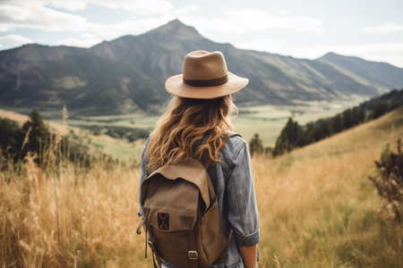 Young woman with backpack hiking in mountains. Travel and wanderlust concept.の素材