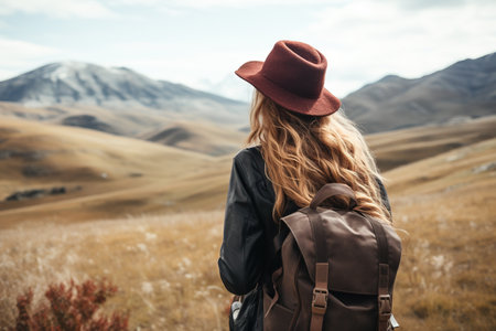 Young woman with a backpack on the background of the mountains. Travel.の素材