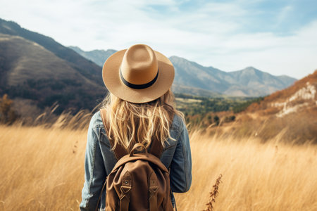 Young woman traveler with a backpack standing in the field and looking at the mountainsの素材