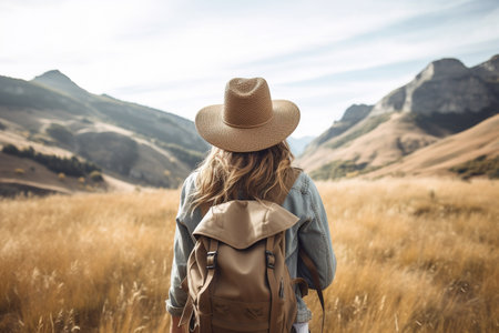 Young woman hiking in the mountains. Back view of a girl in a hat and a backpack.の素材