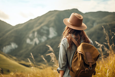 Back view of young woman traveler with backpack and hat standing on top of the mountain.の素材