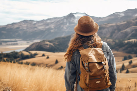 Woman traveler with a backpack and a hat on the background of the mountains.の素材