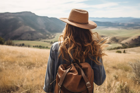 Young woman traveler with backpack and hat standing on top of the mountain.の素材