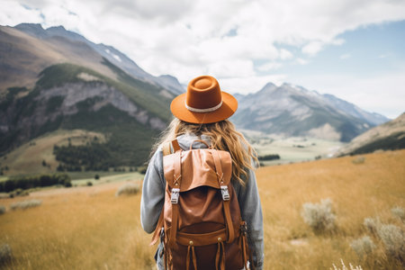 A woman with a backpack and a hat is hiking in the mountains.の素材