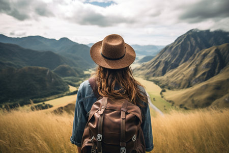 Young woman traveler with hat and backpack enjoying the view of beautiful landscape in the mountains.の素材