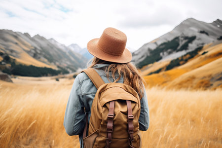 Back view of young woman traveler with backpack and hat standing on top of the hill and looking at beautiful mountain landscape.の素材