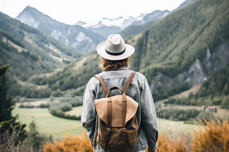 Back view of young woman with backpack and hat looking at mountains.の素材