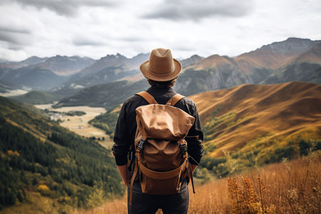 A man with a backpack and a hat on the background of the mountains.の素材