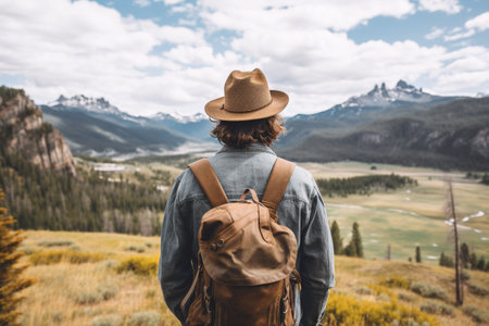 Hiking man with backpack in Yellowstone National Park, Wyoming, USAの素材