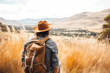 Back view of a young man with a backpack standing in the middle of a wheat field.の素材