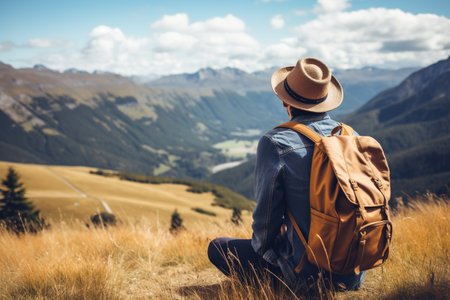 Hipster traveler with backpack sitting on top of a mountain and looking at the valley.の素材