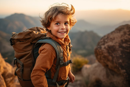 Cute little boy with backpack hiking in mountains at sunset. Active healthy child hiking in nature.の素材