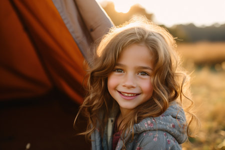Close up portrait of a cute little girl smiling while sitting in a tent at sunsetの素材