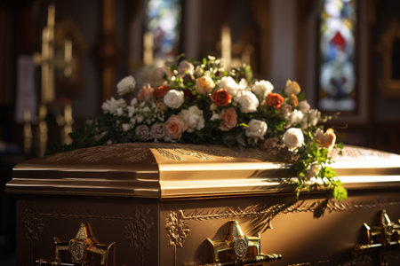 closeup shot of a casket in a hearse or chapel before funeral or burial at cemeteryの素材