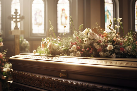 closeup shot of a casket in a hearse or chapelの素材