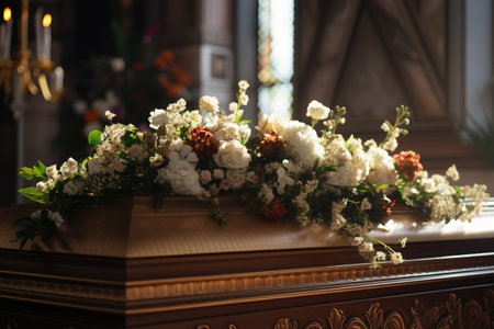 Casket with flowers on funeral site, closeup. Space for textの素材