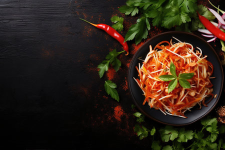 Spaghetti with carrot, onion and parsley on a black backgroundの素材