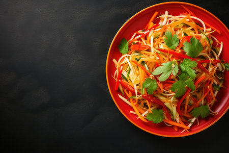 Plate with tasty carrot salad on dark background, top view. Space for textの素材