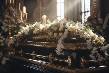 closeup shot of a casket in a hearse or chapel before funeral or burialの素材