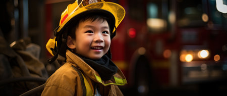 Portrait of asian little boy in firefighter uniform smiling at cameraの素材
