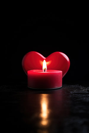 Valentine's Day background with red candle and heart on black backgroundの素材