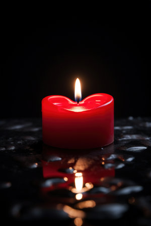 Burning red candle on a black background. Shallow depth of fieldの素材