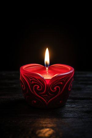 Burning red candle in the shape of a heart on wooden backgroundの素材