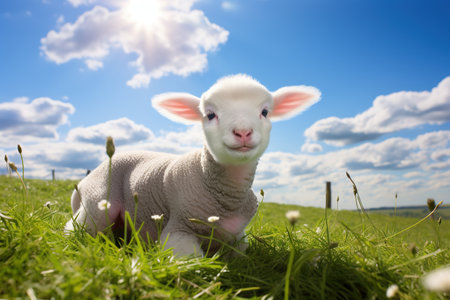 Cute lamb on a green meadow with blue sky and cloudsの素材