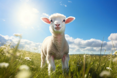 Cute lamb standing in a meadow on a sunny day.の素材