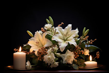 Bouquet of white lilies and a burning candle on a black backgroundの素材
