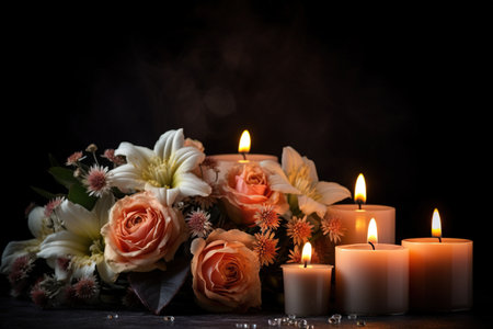 Bouquet of flowers and burning candles on black background, space for textの素材