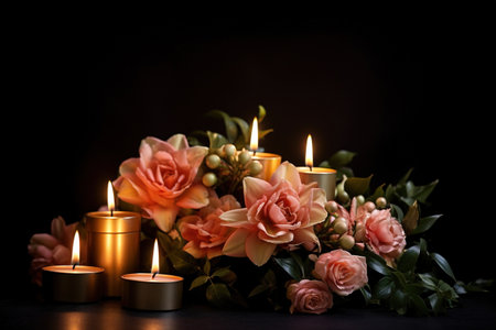 Beautiful burning candles and flowers on black background, space for textの素材