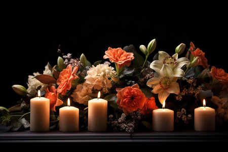 Beautiful flowers and candles on black background, closeup. Space for textの素材