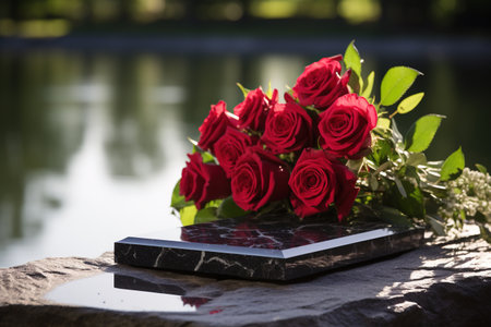 Red roses on a tombstone in a cemetery, shallow depth of fieldの素材