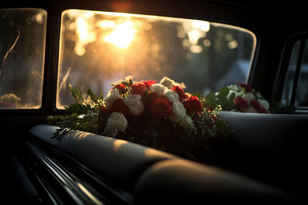 closeup shot of a beautiful casket in a hearse at sunsetの素材