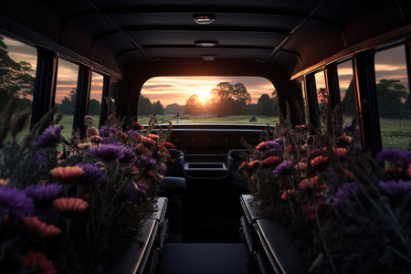 Sunset in the train window with beautiful flowers in the foreground.の素材